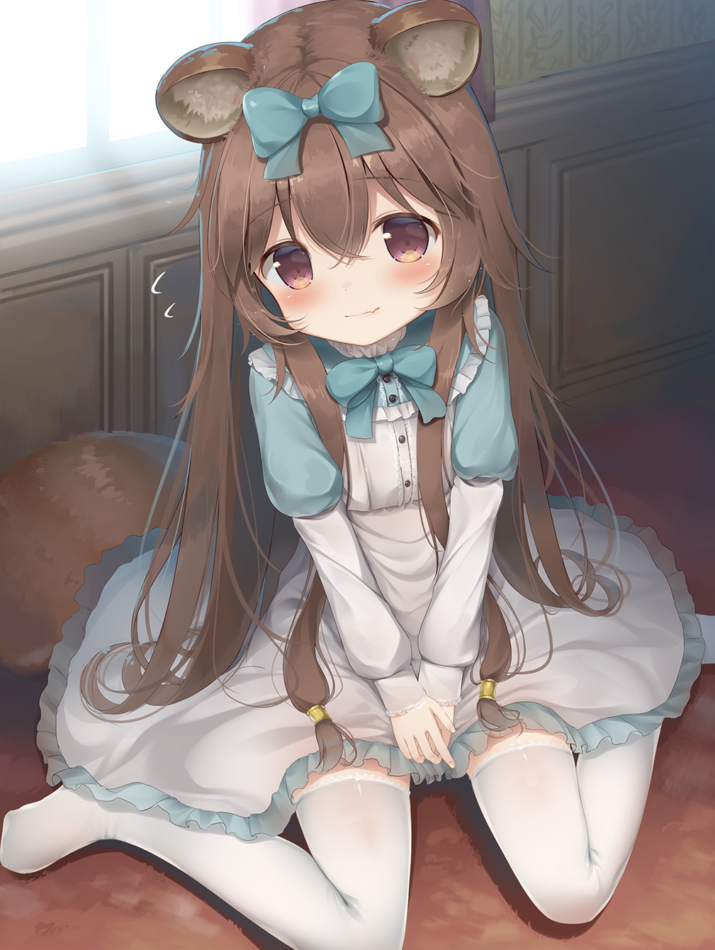 1girl animal_ear_fluff animal_ears blush bow brown_eyes brown_hair dress hair_bow highres indoors long_hair no_shoes psyche3313 raccoon_ears raccoon_girl raccoon_tail raphtalia ribbon sitting smile solo tail tate_no_yuusha_no_nariagari thigh-highs thighs v_arms white_dress white_legwear