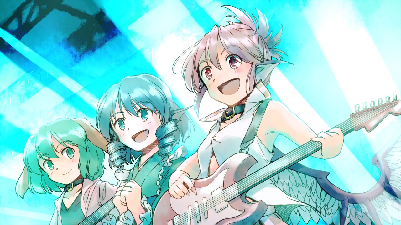3girls animal_ears bird_ears bird_wings blue_eyes blue_hair blush buttons closed_mouth dog_ears drill_hair electric_guitar eyebrows_visible_through_hair fingernails frilled_sleeves frills green_eyes green_hair green_kimono guitar hair_between_eyes head_fins holding holding_instrument instrument japanese_clothes kasodani_kyouko kimono long_sleeves multiple_girls mystia_lorelei nail_polish open_mouth pink_eyes pink_hair pink_nails rangycrow sharp_fingernails short_hair smile touhou wakasagihime white_wings wings