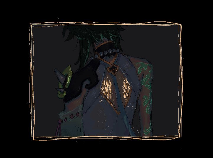 1boy arm_tattoo back back_cutout bead_necklace beads black_hair border clothing_cutout from_behind genshin_impact glowing green_hair jewelry male_focus multicolored_hair necklace scales simple_background solo tattoo upper_body xiao_(genshin_impact) yoshio_(kimama)