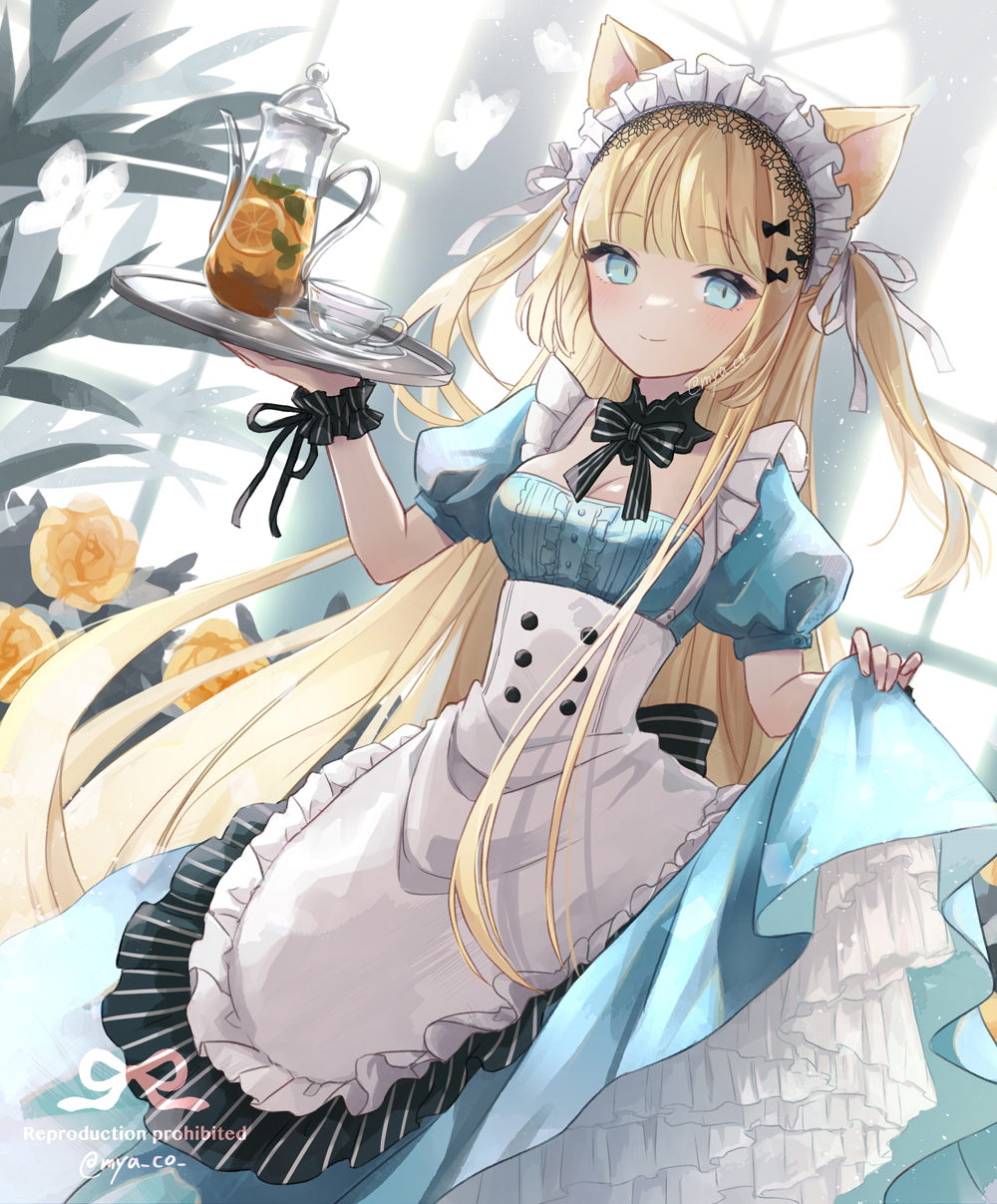 1girl animal_ears apron bangs black_bow black_bowtie blonde_hair blue_dress blue_eyes blunt_bangs bow bowtie breasts bug butterfly buttons cat_ears cat_girl center_frills commentary cowboy_shot cup detached_collar double-breasted dress dutch_angle english_commentary flower food frills fruit glass_teacup glass_teapot hair_ribbon highres holding holding_tray lace_trim lemon lemon_slice light_blush light_particles long_dress long_hair looking_at_viewer maid maid_apron maid_headdress medium_breasts myaco9 original plant puffy_short_sleeves puffy_sleeves ribbon rose saucer short_sleeves skirt_hold smile solo striped striped_bow striped_bowtie tea teacup teapot tray two_side_up white_ribbon window wrist_cuffs yellow_flower yellow_rose