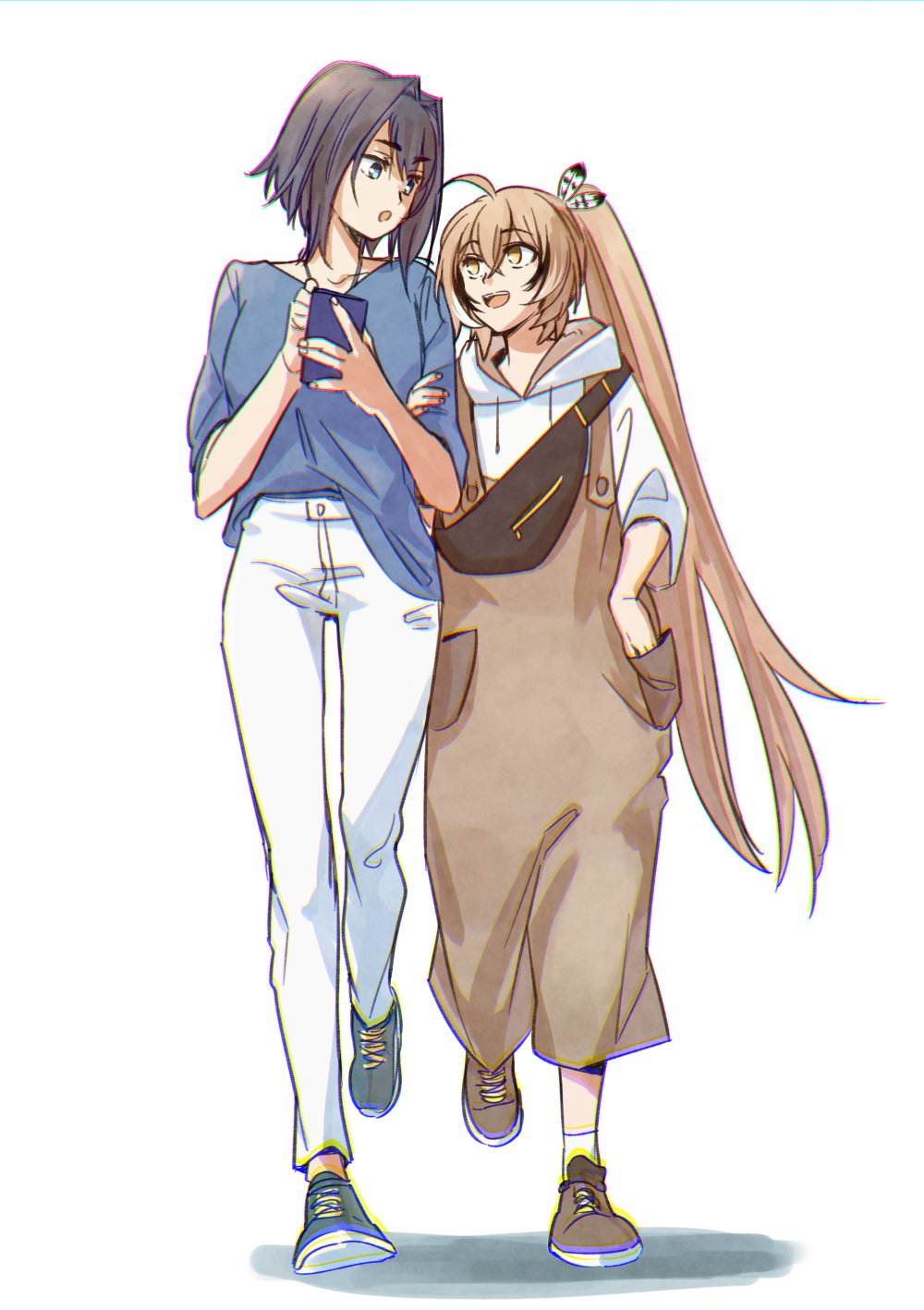 2girls :o ahoge alternate_costume bag bangs blue_eyes blue_footwear blue_hair blue_shirt brmameng brown_eyes brown_footwear brown_hair brown_overalls cellphone chromatic_aberration feather_hair_ornament feathers fingernails hair_intakes hair_ornament hand_in_pocket hand_on_another's_arm highres hololive hololive_english hood hoodie long_hair long_sleeves looking_at_another multicolored_hair multiple_girls nanashi_mumei ouro_kronii overalls pants phone ponytail shirt short_hair shoulder_bag smartphone smartphone_case streaked_hair t-shirt very_long_hair virtual_youtuber white_hoodie white_pants yuri