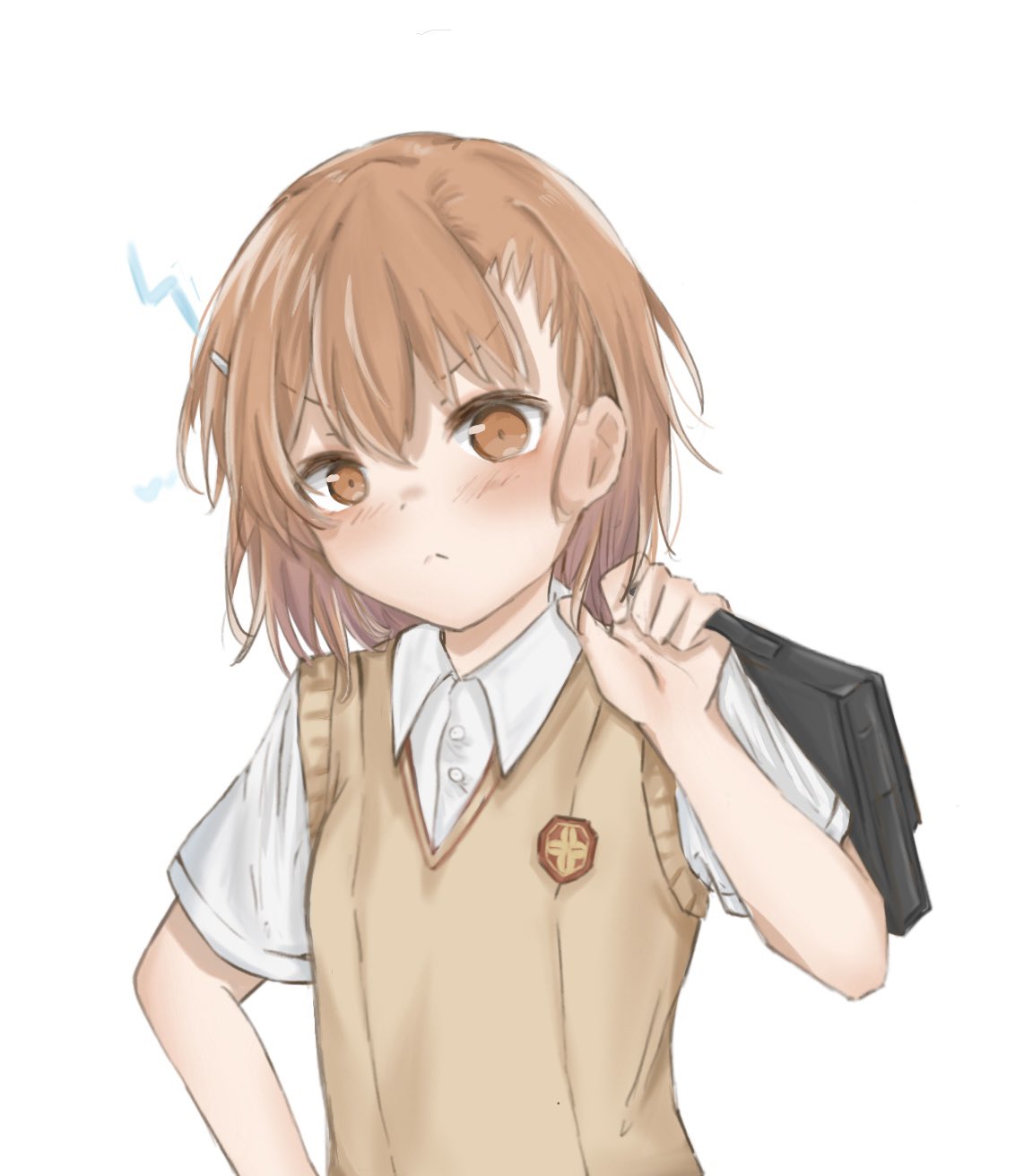 1girl :&lt; bag bangs blush bob_cut breasts brown_eyes brown_hair brown_sweater_vest commentary dress_shirt electricity frown hair_between_eyes hand_on_hip highres holding holding_bag looking_at_viewer misaka_mikoto over_shoulder school_bag school_uniform shirt short_hair short_sleeves simple_background small_breasts solo sweater_vest toaru_kagaku_no_railgun toaru_majutsu_no_index tokiwadai_school_uniform upper_body v-shaped_eyebrows white_background white_shirt yanne_0502