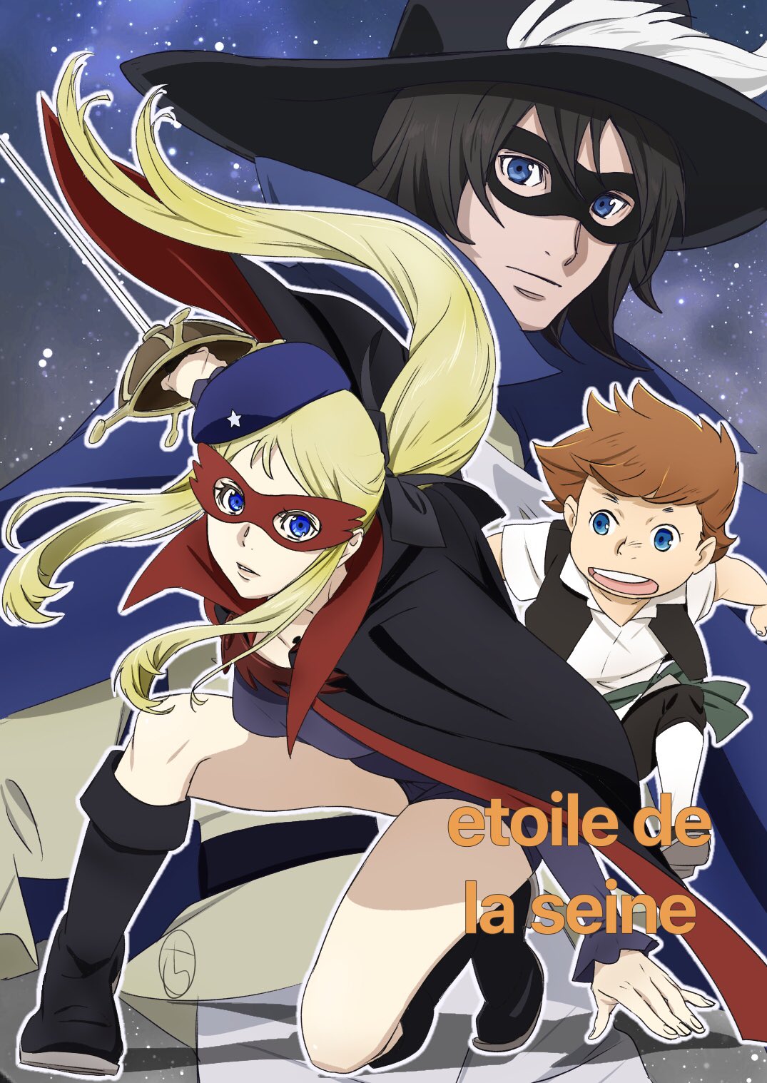 1girl 2boys beret black_footwear blonde_hair blue_eyes boots breasts cape character_request closed_mouth hat highres kobayashi_chizuru la_seine_no_hoshi long_hair looking_at_viewer mask multiple_boys open_mouth ponytail rapier simone_(la_seine_no_hoshi) star_(sky) sword weapon
