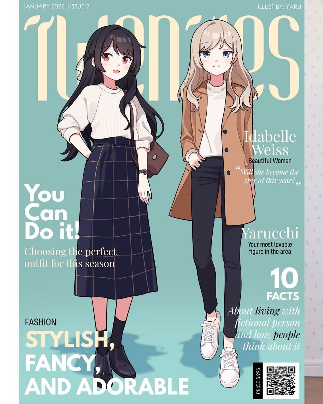 2boys bag black_hair blonde_hair blue_hair closed_mouth clothes cover english_text hair_ornament highres jacket long_hair long_skirt long_sleeves magazine_cover multiple_boys open_mouth original pants qr_code red_eyes skirt smile watch yaruwashi