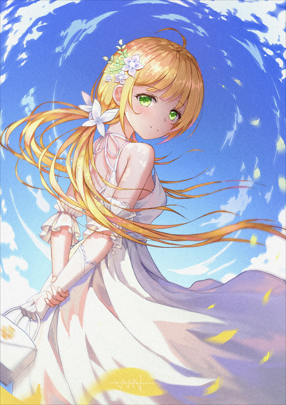 1girl ahoge arm_behind_back arm_garter bag blonde_hair clouds cloudy_sky cowboy_shot dress eyebrows_visible_through_hair flower frilled from_behind gloves green_eyes hair_flower hair_ornament handbag highres long_hair looking_at_viewer looking_back original sky sleeveless smile solo sundress twintails white_dress white_gloves wind xiaokaxiaok