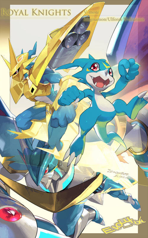 armor artist_name character_name claws clenched_hand dated digimon digimon_(creature) e_volution fake_horns helmet horned_helmet horns magnamon no_humans no_mouth open_mouth red_eyes sharp_teeth single_horn tail teeth ulforcevdramon veemon wings