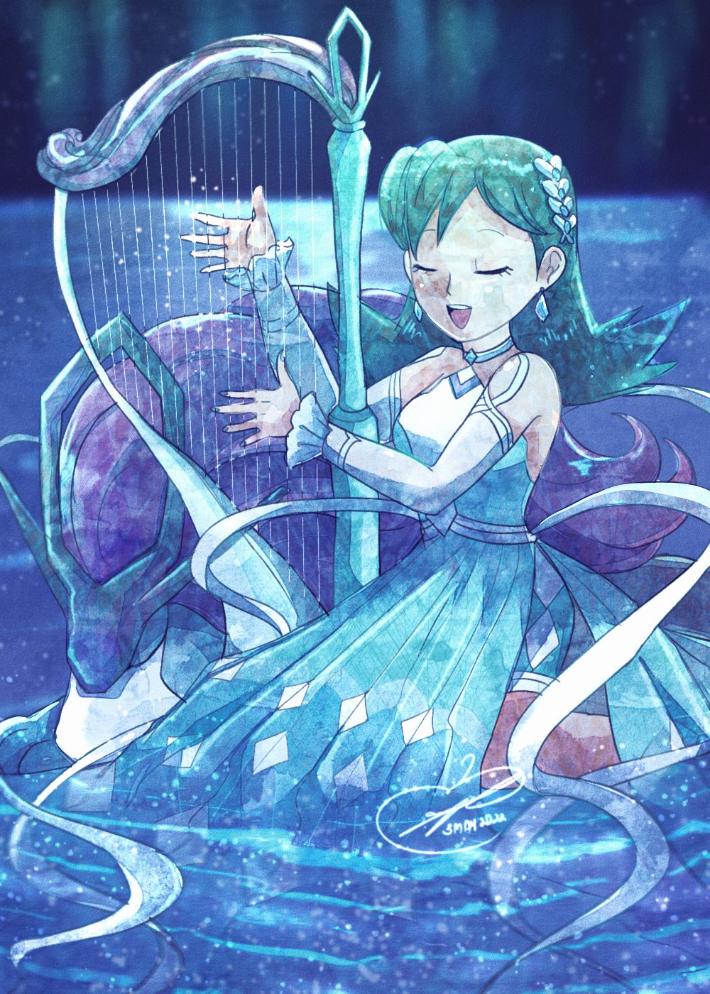 1girl appleko aqua_dress aqua_hair aurora bare_shoulders breasts choker closed_eyes commentary_request dress hair_ornament halter_dress halterneck harp highres instrument kneeling kris_(pokemon) medium_hair music night night_sky official_alternate_costume playing_instrument pokemon pokemon_(creature) pokemon_(game) pokemon_masters_ex shorts shorts_under_dress side_slit singing sky sleeping small_breasts suicune water wrist_cuffs