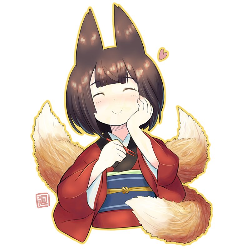 1girl ^_^ animal_ears bangs blush closed_eyes closed_mouth commentary_request cropped_torso eyebrows_visible_through_hair facing_viewer fork fox_ears fox_girl fox_tail hand_on_own_face hands_up heart holding holding_fork japanese_clothes kimono kitsune kukuri_(mawaru) long_sleeves mawaru_(mawaru) obi original outline red_kimono sash simple_background solo tail upper_body white_background wide_sleeves yellow_outline