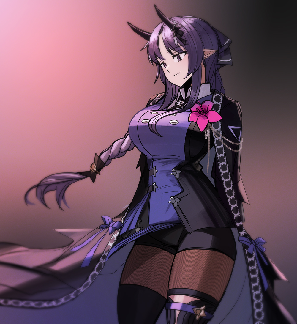 1girl arknights black_cape black_legwear black_necktie black_shorts braid breasts cape closed_mouth demon_girl demon_horns fkskii65 flower gradient gradient_background hibiscus hibiscus_(arknights) hibiscus_the_purifier_(arknights) horns large_breasts long_hair necktie official_alternate_costume pantyhose pointy_ears purple_background purple_hair short_shorts shorts single_braid smile solo violet_eyes