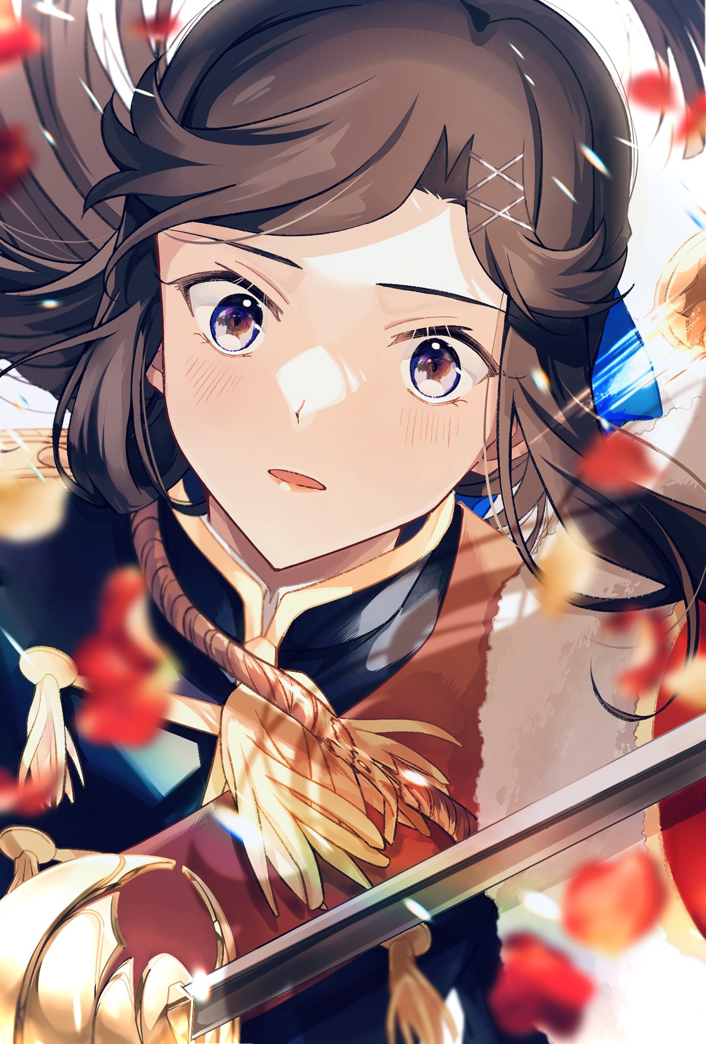 1girl black_jacket blue_bow blurry blurry_foreground blush bow brown_hair commentary_request depth_of_field epaulettes falling_petals floating_hair fur-trimmed_jacket fur_trim hair_bow hair_ornament highres jacket jacket_on_shoulders light_particles long_hair looking_at_viewer nijiko_(c2cs4q) parted_lips petals rapier red_jacket red_sash sash shade shoujo_kageki_revue_starlight shoulder_sash sidelocks simple_background solo sword tassel tendou_maya upper_body violet_eyes weapon white_background wide-eyed x_hair_ornament