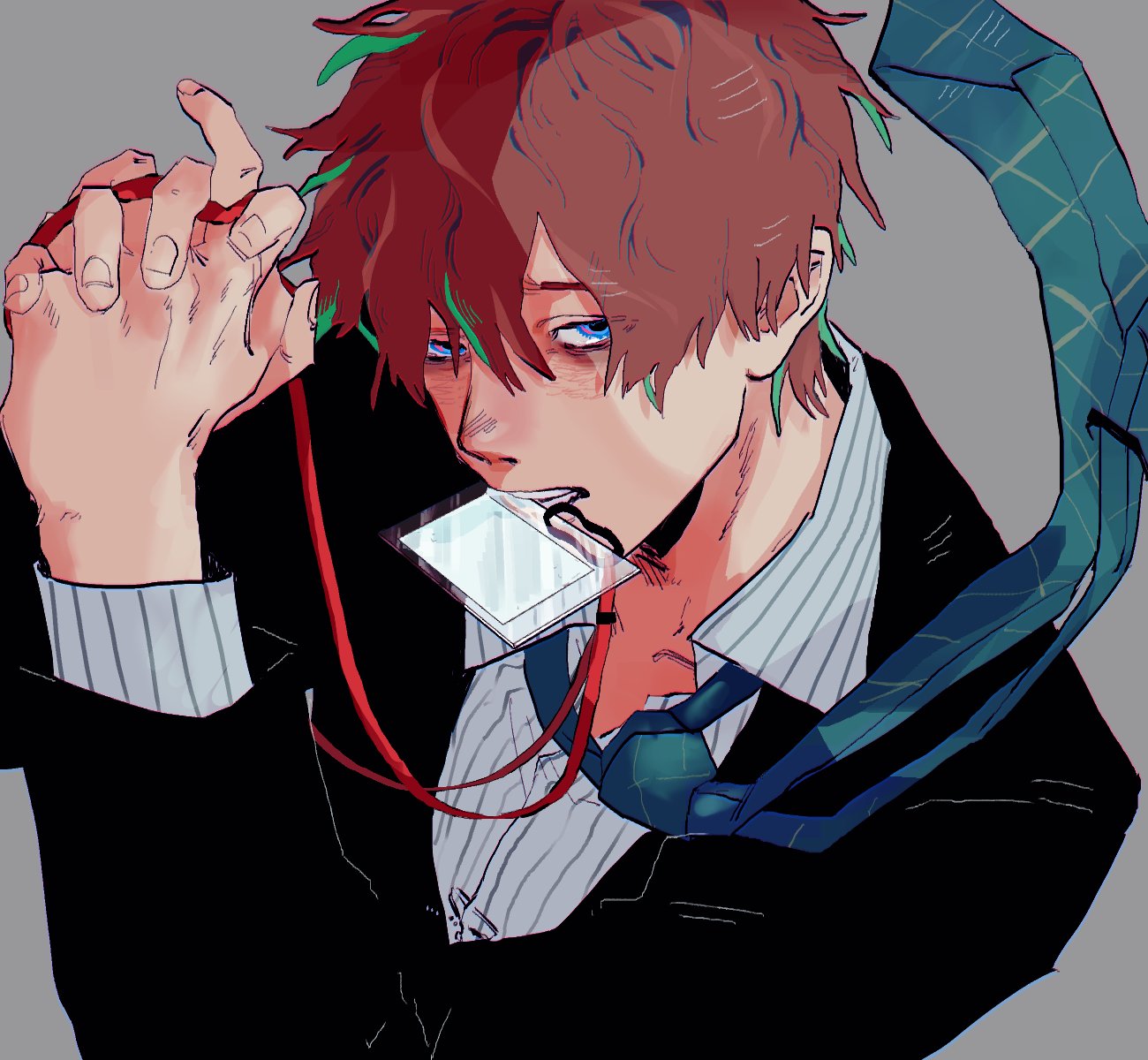 1boy amazu_(mokeketenkomori) blue_eyes formal grey_background hair_between_eyes highres holding hypnosis_mic jacket kannonzaka_doppo lanyard long_sleeves looking_at_viewer male_focus mouth_hold necktie own_hands_clasped own_hands_together redhead shirt simple_background solo striped striped_shirt suit upper_body vertical-striped_shirt vertical_stripes
