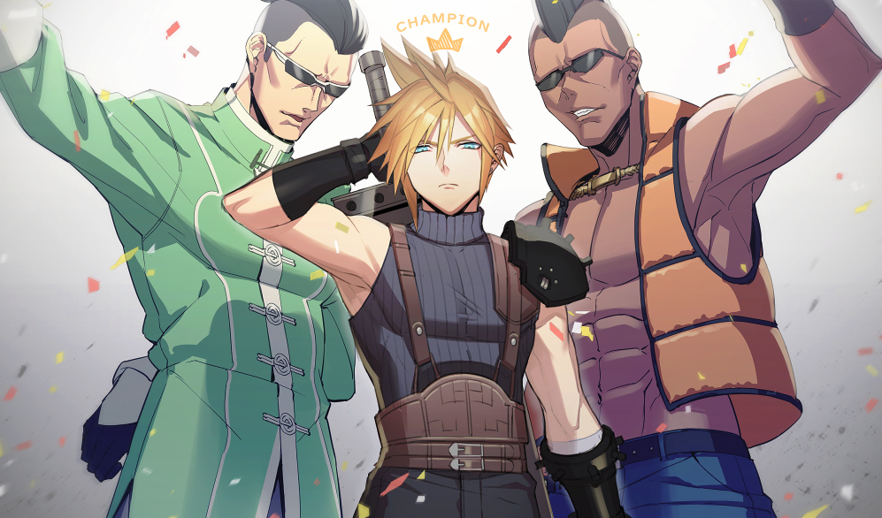 3boys abs arm_behind_back arm_up armor asymmetrical_hair belt blonde_hair blue_eyes blue_pants blue_shirt buster_sword clenched_teeth cloud_strife coat confetti crown dark-skinned_male dark_skin final_fantasy final_fantasy_vii final_fantasy_vii_remake gloves gradient gradient_background green_coat hair_between_eyes hotch jewelry jou_(mono) mohawk multiple_belts multiple_boys muscular muscular_male necklace orange_vest pants parted_lips pectorals scotch shirt short_hair shoulder_armor sleeveless sleeveless_turtleneck spiky_hair sunglasses suspenders teeth turtleneck upper_body very_short_hair vest weapon weapon_on_back