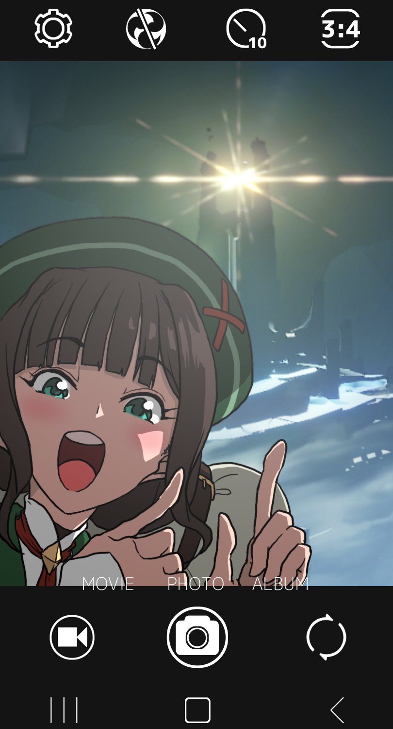 1girl aqua_eyes backpack bag bangs beret black_hair blush commentary_request eyebrows_visible_through_hair eyelashes genshin_impact green_headwear hat highres imtmcomics long_sleeves looking_at_viewer open_mouth phone_screen pointing selfie solo teeth tower upper_body upper_teeth zhiqiong_(genshin_impact)