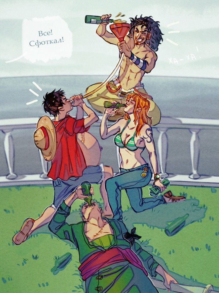 1girl 3boys black_hair bottle facial_hair goatee green_hair just_noi long_hair long_nose monkey_d._luffy multiple_boys nami_(one_piece) one_piece orange_hair roronoa_zoro russian_text sandals scar short_hair straw_hat_pirates tattoo topless_male translation_request usopp