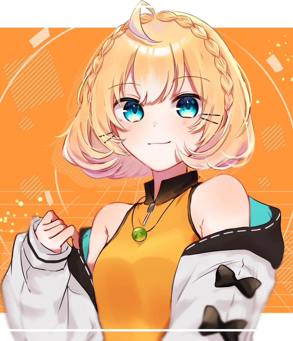 1girl ahoge aqua_eyes bangs bare_shoulders blonde_hair blue_eyes braid crown_braid eyebrows_visible_through_hair hair_ornament hairclip jewelry light_smile looking_at_viewer millie_parfait necklace nijisanji nijisanji_en nnnuts2 off_shoulder orange_background orange_tank_top outside_border pendant short_hair sleeves_past_wrists solo tank_top upper_body virtual_youtuber zipper_pull_tab