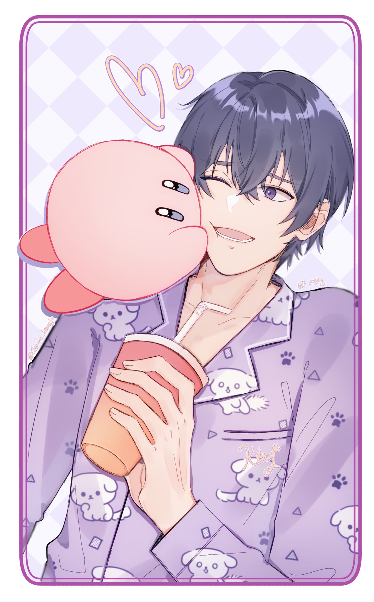 1boy :d argyle argyle_background bangs border charlie_kanojo crossover cup drinking_straw heart highres holding holding_cup kirby kirby_(series) long_sleeves marius_von_hagen_(tears_of_themis) one_eye_closed open_mouth pajamas purple_background purple_hair short_hair smile solo tears_of_themis violet_eyes white_border