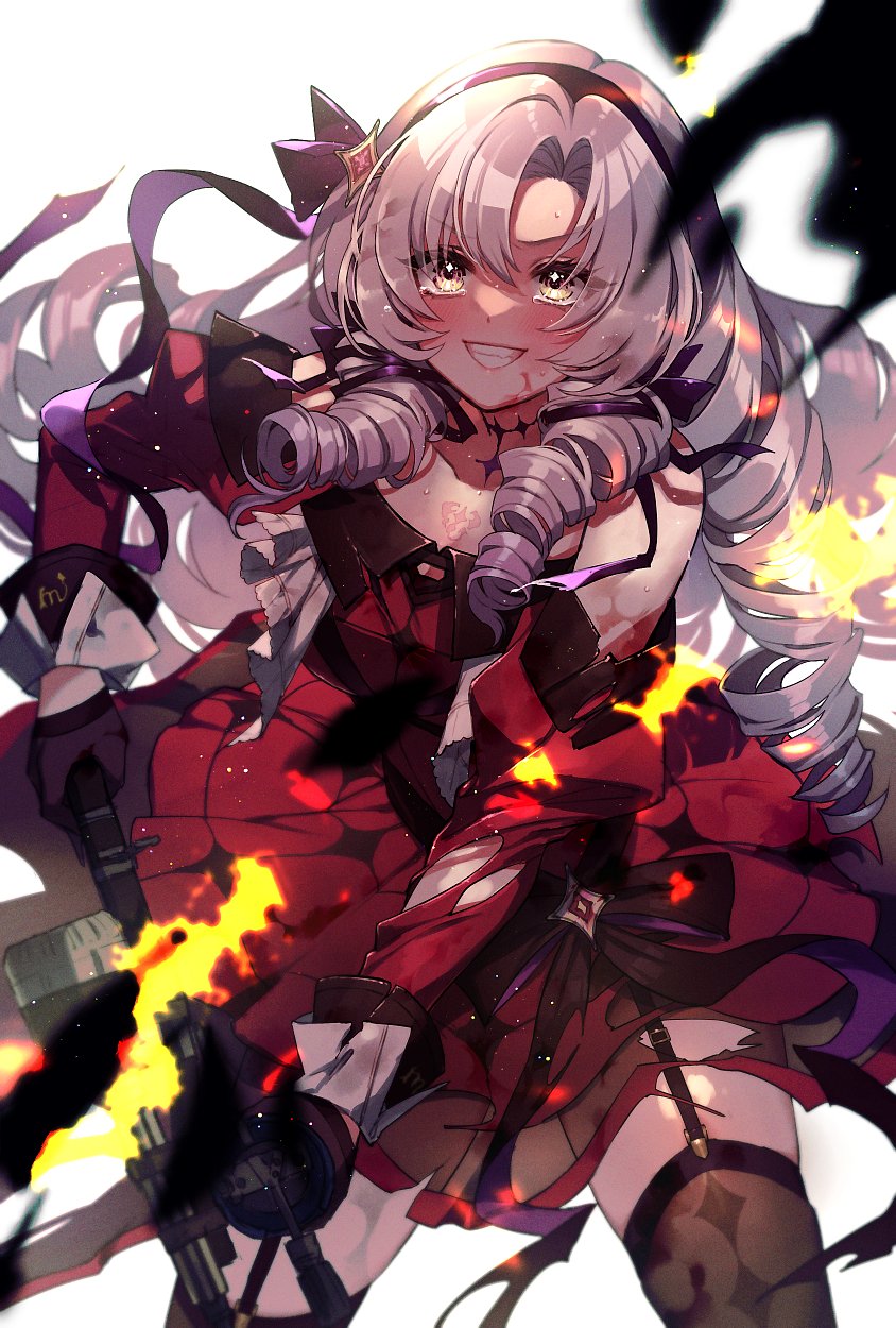 1girl bangs bare_shoulders black_bow black_gloves black_hairband black_ribbon blood blood_on_face bow chest_tattoo commentary_request cowboy_shot dress drill_hair fire garter_straps gloves grey_hair grey_legwear grin hairband highres holding holding_weapon hyakumantenbara_salome long_sleeves mamaloni nijisanji off-shoulder_dress off_shoulder parted_bangs red_dress red_sleeves ribbon smile solo sparkling_eyes sweat tattoo thigh-highs virtual_youtuber weapon white_background yellow_eyes