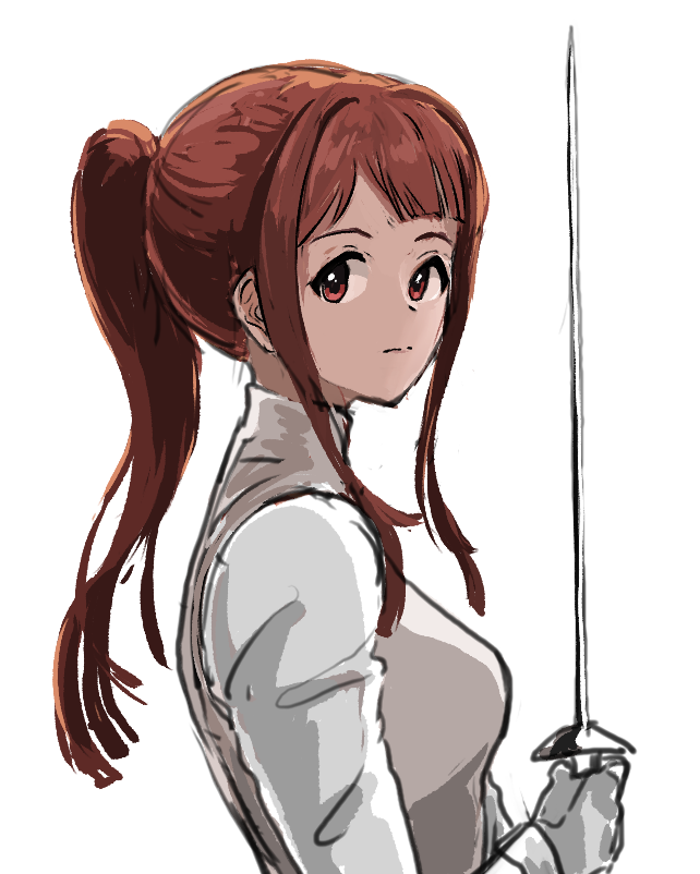 1girl character_request closed_mouth fencing_suit gloves grey_gloves holding holding_weapon idolmaster idolmaster_cinderella_girls ponytail rapier red_eyes redhead sidelocks simple_background solo sword ushimochi weapon white_background