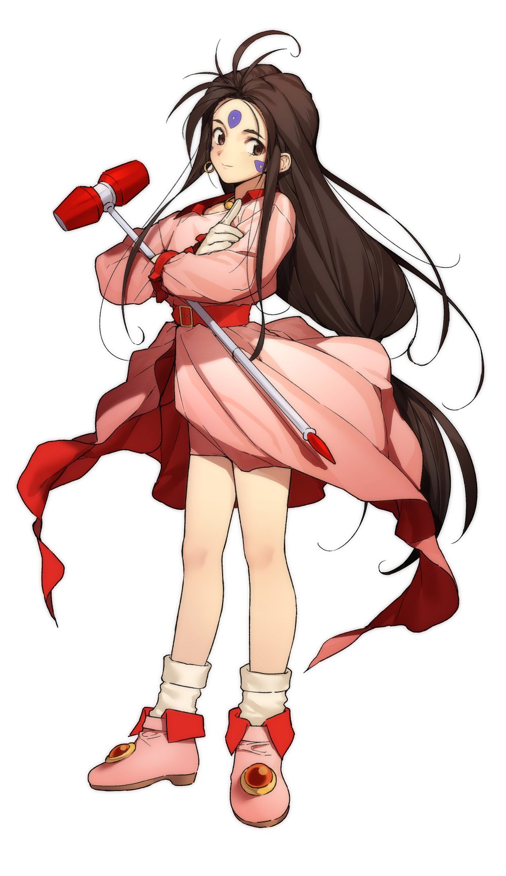 1girl aa_megami-sama ahoge antenna_hair black_hair brown_eyes dress facial_mark forehead_mark full_body gloves highres index_finger_raised k52 looking_at_viewer mallet red_dress simple_background skuld_(aa_megami-sama) solo symbol-only_commentary white_background white_footwear white_gloves