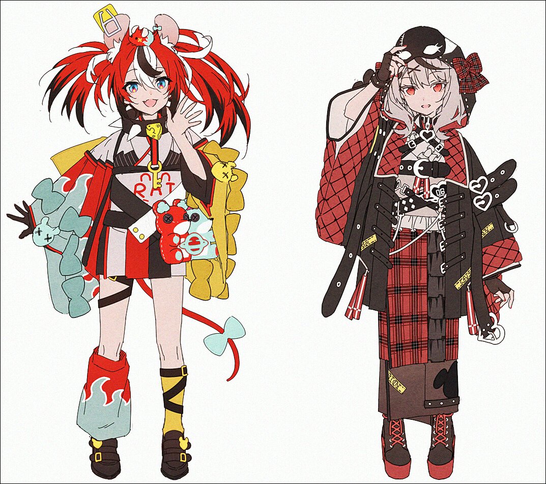 2girls adapted_costume animal_ear_fluff animal_ears arm_strap black_hair blue_bow bow buckle cheese collar commentary food grey_hair hair_ornament hakama hakama_skirt hakos_baelz hakusai_(tiahszld) haori heart heart-shaped_buckle holding holding_mask hololive hololive_english japanese_clothes kimono leg_strap leg_warmers long_hair looking_at_viewer mask mouse mouse_ears mouse_on_head mouse_tail mousetrap mr._squeaks_(hakos_baelz) multicolored_clothes multicolored_hair multicolored_skirt multiple_girls open_mouth plaid_kimono red_eyes red_kimono redhead sakamata_chloe sash simple_background single_leg_warmer single_sock skirt smile socks spiked_collar spikes streaked_hair tail tail_bow tail_ornament thigh_strap twintails virtual_youtuber white_background white_hair wide_sleeves x_hair_ornament yellow_bow yellow_legwear