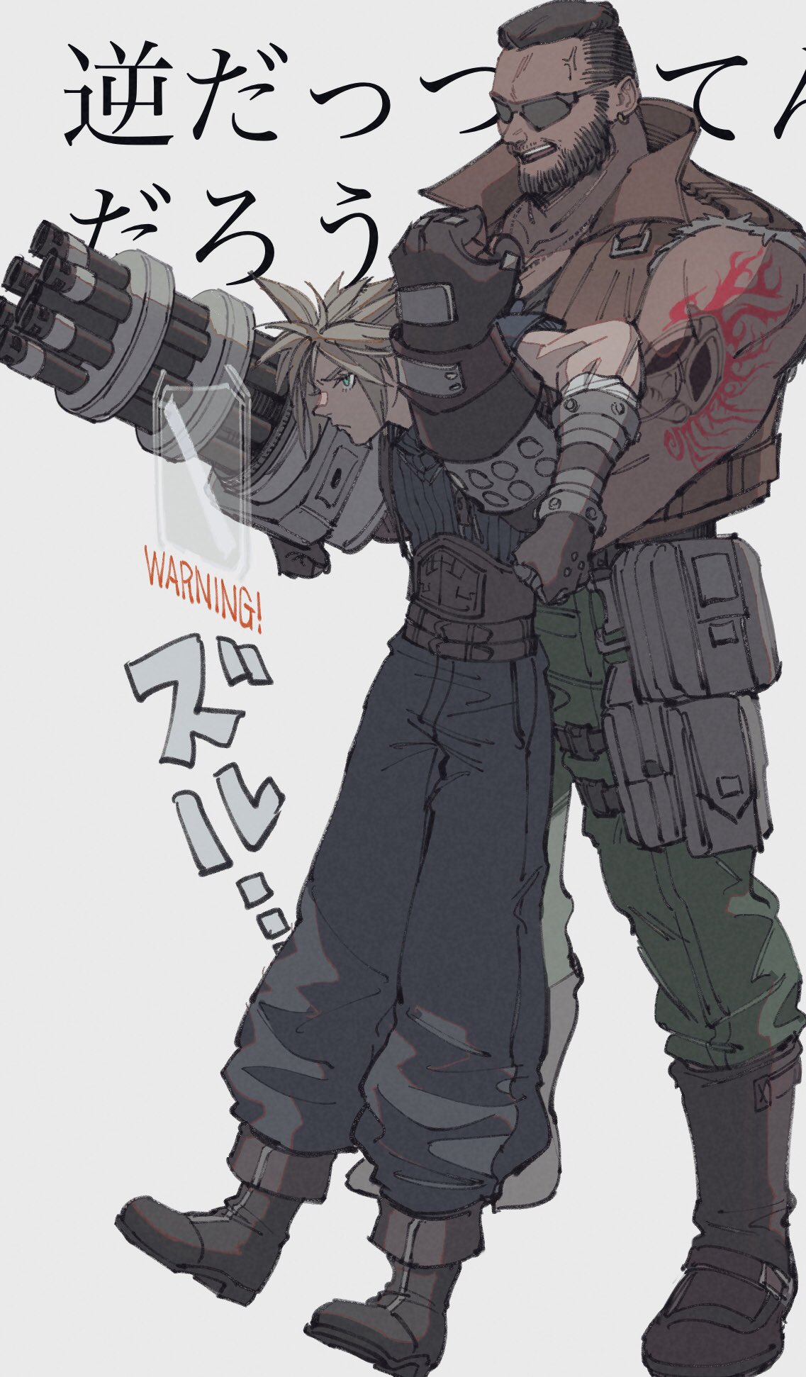 2boys armor baggy_pants bandaged_arm bandages barret_wallace beard belt blonde_hair blue_eyes boots brown_vest carrying carrying_person cloud_strife dark-skinned_male dark_skin dog_tags earrings facial_hair final_fantasy final_fantasy_vii final_fantasy_vii_remake fingerless_gloves full_body gloves green_pants gun highres holster jewelry multiple_belts multiple_boys muscular muscular_male oimo_(oimkimn) open_mouth pants prosthesis short_hair shoulder_armor sign single_earring spiky_hair sunglasses tattoo teeth thigh_holster thigh_strap torn_clothes torn_sleeves turtleneck upper_teeth very_short_hair vest warning_sign weapon