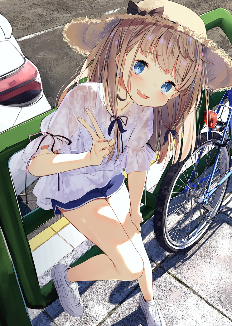 1girl :d bangs bare_legs bicycle blush bow brown_hair car choker dolphin_shorts eyebrows_visible_through_hair full_body ground_vehicle hand_on_own_leg hat hat_bow kamizaki_hibana long_hair motor_vehicle original outdoors road see-through see-through_sleeves shoes short_sleeves shorts smile solo sun_hat v