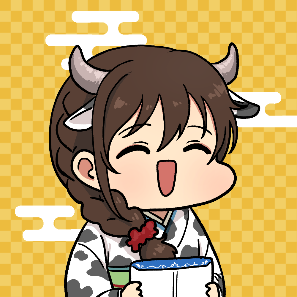 1girl animal_ears animal_print braid brown_hair checkered_background closed_eyes cow_ears cow_horns cow_print hair_tie holding horns idolmaster idolmaster_cinderella_girls japanese_clothes kimono obi open_mouth print_kimono sash senkawa_chihiro side_braid simple_background smile solo ushimochi