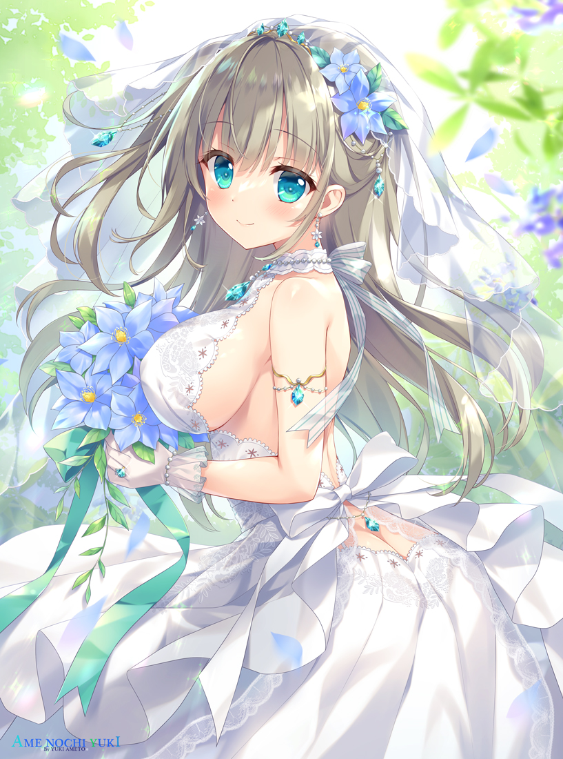 1girl ameto_yuki armpits bare_back bare_shoulders blonde_hair blush bouquet breasts bridal_veil bride closed_mouth colored_skin dress ear_focus flower green_hair hair_between_eyes hair_flower hair_ornament jewelry lace lace-trimmed_dress lace_trim large_breasts long_hair looking_at_viewer original pointy_breasts ribbon sideboob skirt sleeveless smile veil very_long_hair wedding_dress white_dress white_skin white_skirt