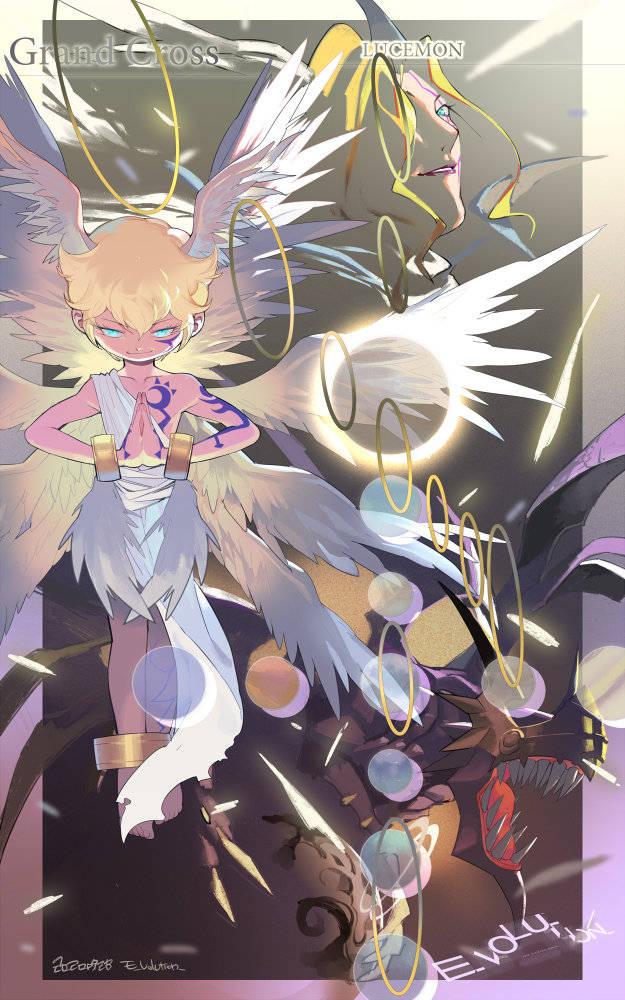 2boys angel_wings arm_tattoo artist_name bangs blonde_hair blue_eyes bracelet character_name chest_tattoo dated digimon digimon_(creature) digimon_frontier dragon e_volution facial_mark jewelry looking_at_viewer lucemon lucemon_falldown_mode lucemon_satan_mode male_focus monster multiple_boys multiple_wings open_mouth seraph shaded_face sharp_teeth tattoo teeth wings