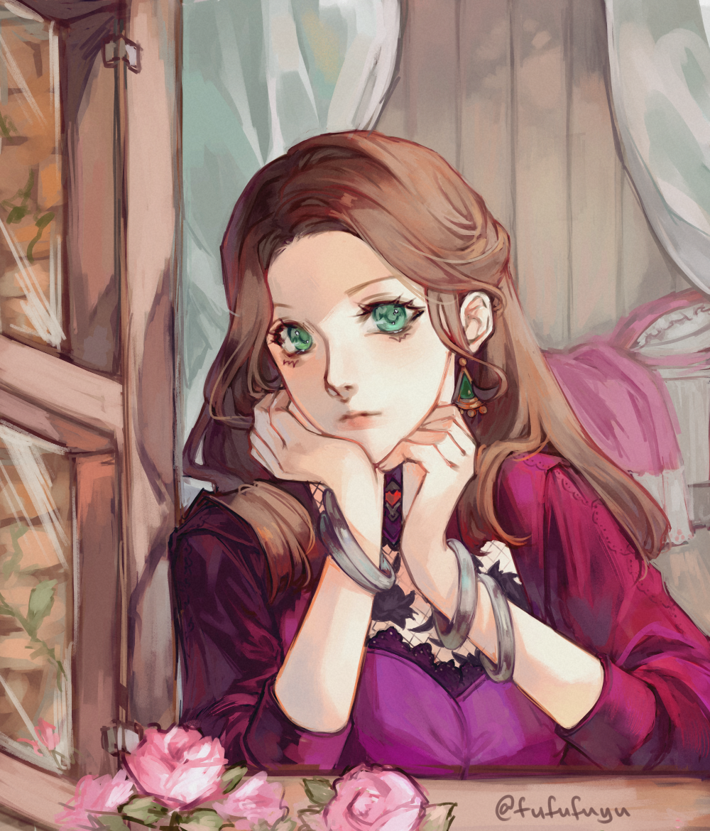 1girl bracelet brown_hair closed_mouth dorothea_arnault earrings fire_emblem fire_emblem:_three_houses flower from_outside green_eyes jewelry long_hair negi_(fufufuyu) open_window pink_flower red_shirt shirt solo twitter_username upper_body window wooden_floor