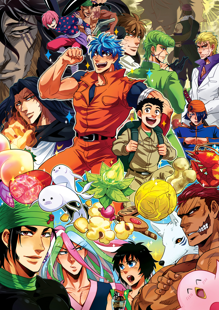 acacia_(toriko) anzumame backpack bag beard biscuit_(bread) black_hair black_sclera blonde_hair blue_eyes blue_hair blush brown_eyes brown_hair cabbage candy coco_(toriko) colored_sclera dark_blue_hair everyone facial_hair fire fish food froese_(toriko) fruit green_hair grinpatch_(toriko) highres jumping jumpsuit komatsu_(toriko) long_hair looking_at_another looking_at_viewer low_ponytail match_(toriko) meat midora_(toriko) multicolored_hair multiple_boys muscular muscular_male mushroom open_mouth orange_eyes orange_jumpsuit otake_(toriko) peach pink_hair plant popcorn pose redhead rin_(toriko) scar scar_on_cheek scar_on_ear scar_on_face short_hair shrimp sleeveless_jumpsuit smile starjun_(toriko) straw_(stalk) sunny_(toriko) sword takimaru_(toriko) teppei_(toriko) terry_(toriko) tommyrod_(toriko) toriko toriko_(series) upper_body weapon white_hair yun_(toriko) zebra_(toriko)