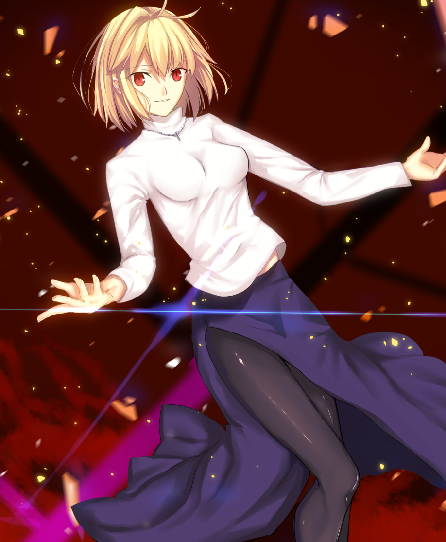 1girl arcueid_brunestud bangs black_legwear blonde_hair breasts breasts_apart eyebrows_visible_through_hair grin hair_between_eyes iro_(sekaixiro) jewelry long_skirt long_sleeves medium_breasts medium_hair pantyhose parted_lips purple_skirt red_background red_eyes shiny shiny_clothes shiny_legwear side_slit skirt smile solo sweater tsukihime white_sweater