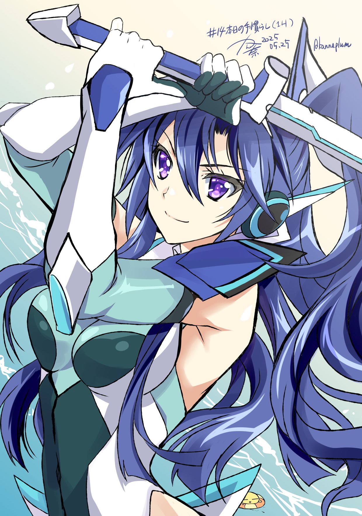 1girl 2022 armor bangs blue_eyes blue_hair breasts closed_mouth dated elbow_gloves eyebrows_visible_through_hair gloves hair_between_eyes hair_ornament high_ponytail highres holding holding_sword holding_weapon kanna_(plum) katana kazanari_tsubasa long_hair looking_at_viewer multicolored_clothes multicolored_gloves numbered painttool_sai_(medium) ponytail senki_zesshou_symphogear shoulder_armor solo sword twitter_username weapon