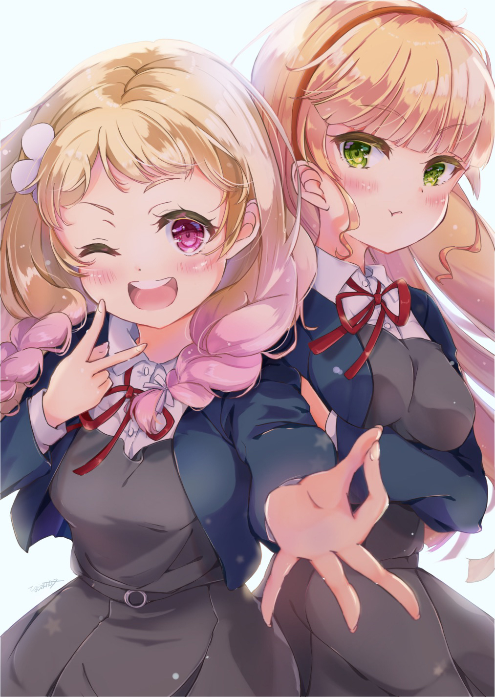 2girls :t ;d blonde_hair bloom blue_jacket blush braid breasts closed_mouth collared_shirt commentary crossed_arms dress eyebrows_visible_through_hair foreshortening gradient_hair green_eyes grey_dress heanna_sumire highres jacket long_hair looking_at_viewer love_live! love_live!_superstar!! low_twin_braids medium_breasts multicolored_hair multiple_girls neck_ribbon one_eye_closed onitsuka_natsumi open_mouth outstretched_arm pinafore_dress pinching_gesture pink_eyes pink_hair pout red_ribbon ribbon round_teeth school_uniform shirt short_bangs shrug_(clothing) signature simple_background smile tareme teeth tongue tsurime twin_braids upper_teeth user_reav3782 v white_background white_shirt winter_uniform yuigaoka_school_uniform