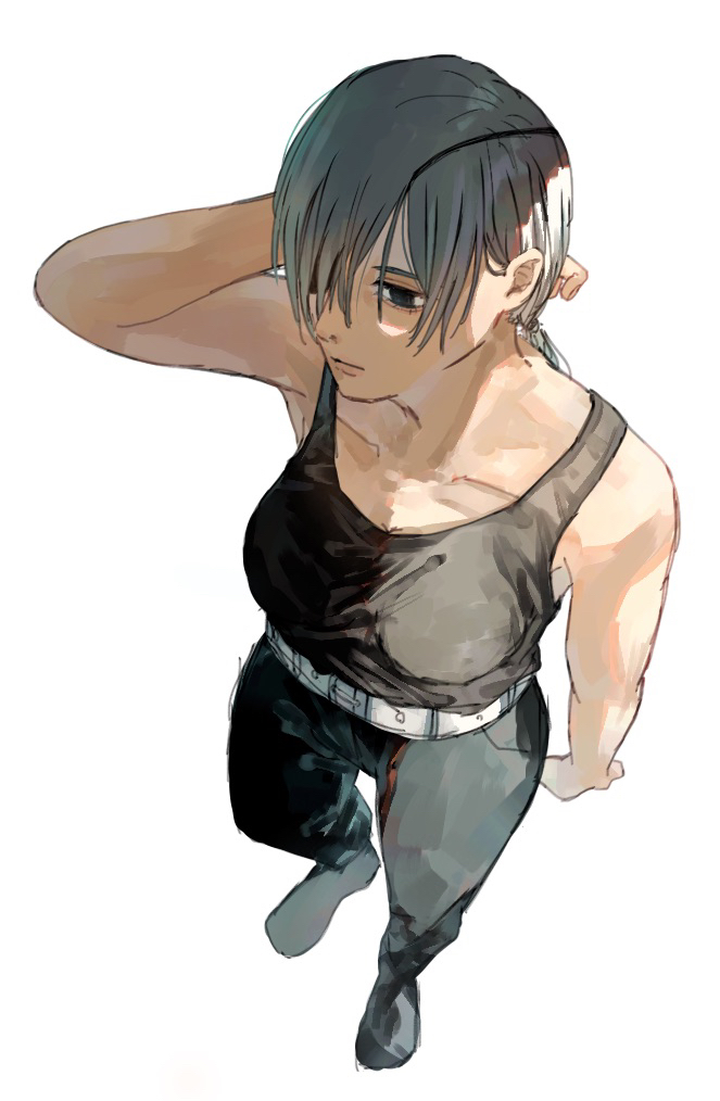 1girl arm_behind_head bangs belt black_pants black_tank_top breasts chainsaw_man eyepatch grey_hair hair_over_one_eye long_bangs looking_afar medium_breasts medium_hair one_eye_covered pants ponytail quanxi_(chainsaw_man) shirt_tucked_in simple_background sleeveless solo standing tank_top user_fapm37210 white_background