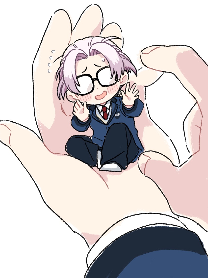 1boy bangs black_pants blazer blue_jacket blush cheek_poking collared_shirt ddd1919a facing_viewer finger_to_another's_cheek flying_sweatdrops glasses habataki_academy_uniform in_palm jacket knee_up long_sleeves miniboy nanatsumori_minoru no_shoes opaque_glasses out_of_frame outstretched_arms pants parted_bangs poking purple_hair reaching school_uniform shirt short_hair simple_background sitting socks solo_focus sweater tokimeki_memorial tokimeki_memorial_girl's_side_4th_heart white_background white_legwear white_shirt