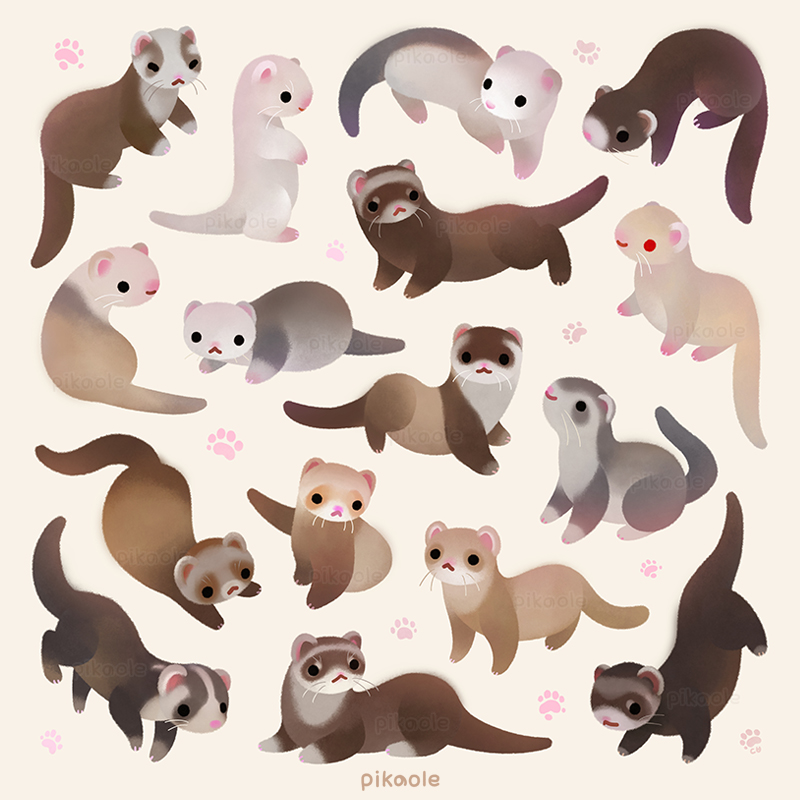 :&lt; animal_ears animal_focus artist_name brown_background brown_fur closed_mouth english_commentary ferret ferret_ears ferret_tail from_behind from_side full_body grey_fur looking_at_viewer no_humans original paw_print paw_print_background pikaole simple_background smile solid_circle_eyes whiskers white_fur