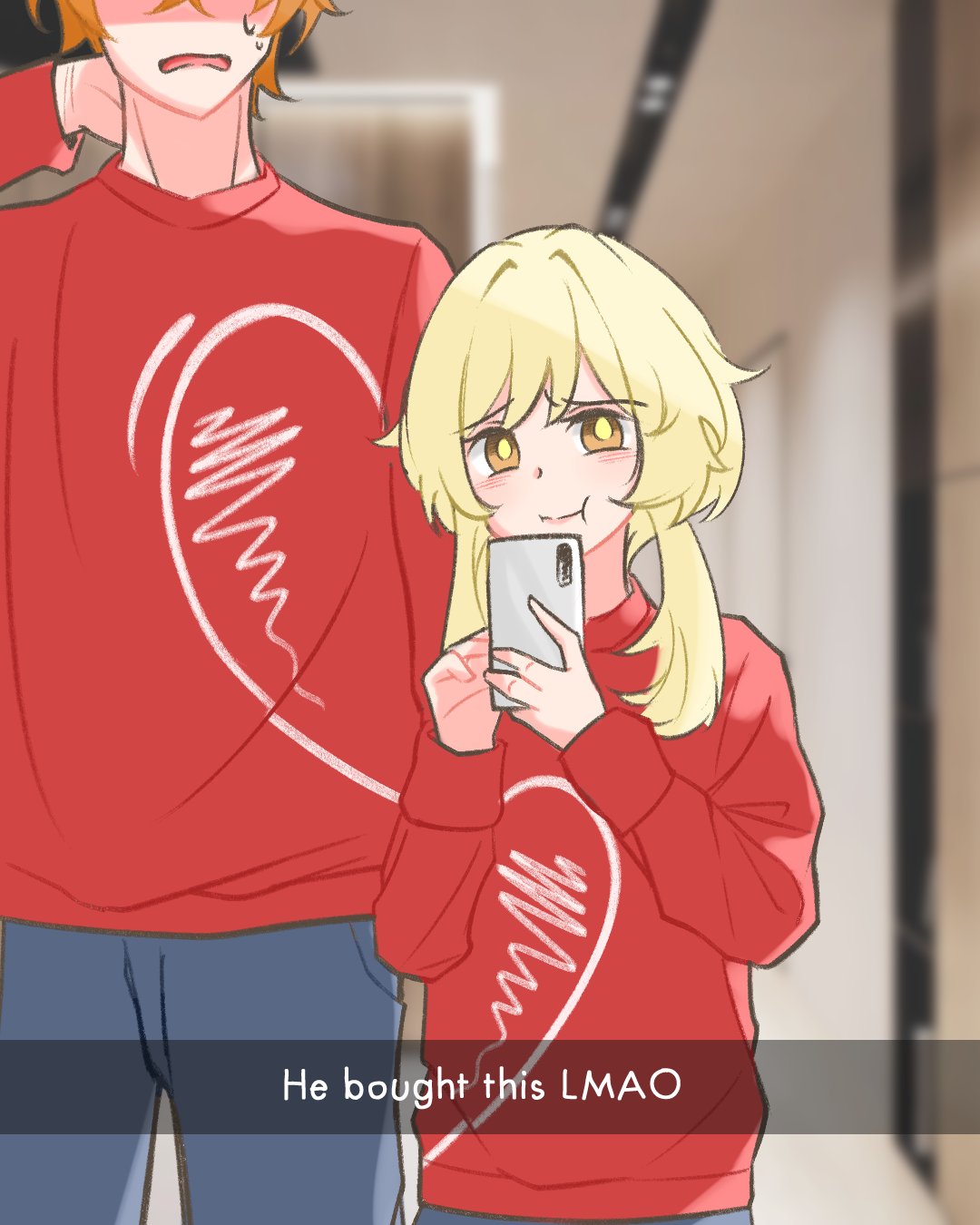 1boy 1girl arurescha blonde_hair blurry blurry_background cellphone closed_mouth couple cowboy_shot denim english_commentary english_text eyebrows_visible_through_hair failure genshin_impact heart heart_print height_difference highres holding holding_phone indoors jeans long_sleeves looking_at_viewer lumine_(genshin_impact) matching_outfit medium_hair mixed-language_commentary open_mouth orange_hair pants phone print_shirt red_shirt selfie shirt short_hair smartphone stifled_laugh sweatdrop tartaglia_(genshin_impact) very_short_hair yellow_eyes