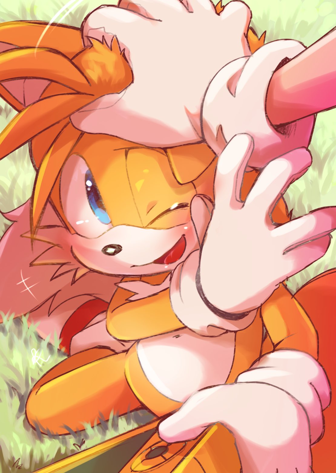 2boys animal_nose blue_eyes fox_boy furry furry_male gloves headpat highres male_focus misuta710 multiple_boys one_eye_closed open_mouth smile sonic_(series) sonic_the_hedgehog tails_(sonic) white_gloves