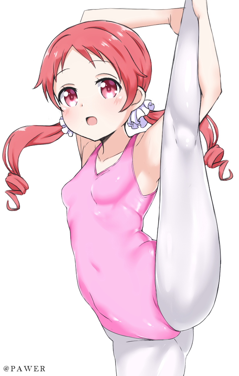 1girl armpits arms_up ass athletic_leotard breasts flexible gochuumon_wa_usagi_desu_ka? highres kneepits leg_hold leg_lift leg_up legs leotard long_hair low_twintails natsu_megumi open_mouth pantyhose pink_leotard red_eyes redhead rizkeith simple_background small_breasts smile solo split standing standing_on_one_leg standing_split thighs twintails white_background white_legwear