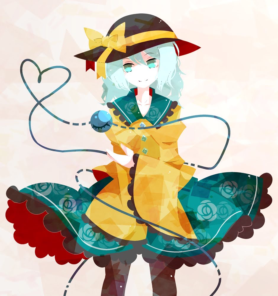 1girl black_headwear black_legwear blouse bow buttons closed_mouth commentary cowboy_shot diamond_button facing_viewer floral_print frilled_shirt_collar frilled_skirt frilled_sleeves frills green_eyes green_skirt hair_between_eyes hand_up hat hat_bow heart heart_of_string komeiji_koishi light_green_hair long_sleeves looking_to_the_side medium_hair nosada pantyhose rose_print shirt simple_background skirt smile split_mouth third_eye touhou white_background wide_sleeves yellow_bow yellow_shirt