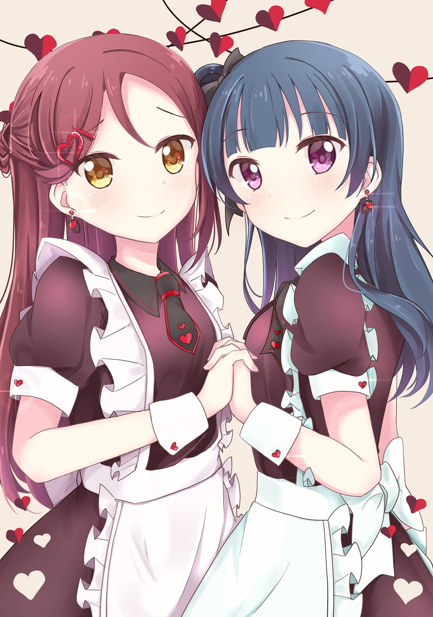 2girls apron back_bow bangs black_collar black_dress black_necktie blue_hair blunt_bangs blush bow brown_background closed_mouth collar commentary dark_blue_hair dress earrings eyebrows_visible_through_hair half_updo heart highres holding_hands interlocked_fingers jewelry long_hair looking_at_viewer love_live! love_live!_sunshine!! mixed-language_commentary multiple_girls necktie pink_eyes puffy_short_sleeves puffy_sleeves redhead sakura4620 sakurauchi_riko short_sleeves simple_background single_bang smile split_mouth tsushima_yoshiko valentine waist_apron white_bow wing_collar wrist_cuffs yellow_eyes