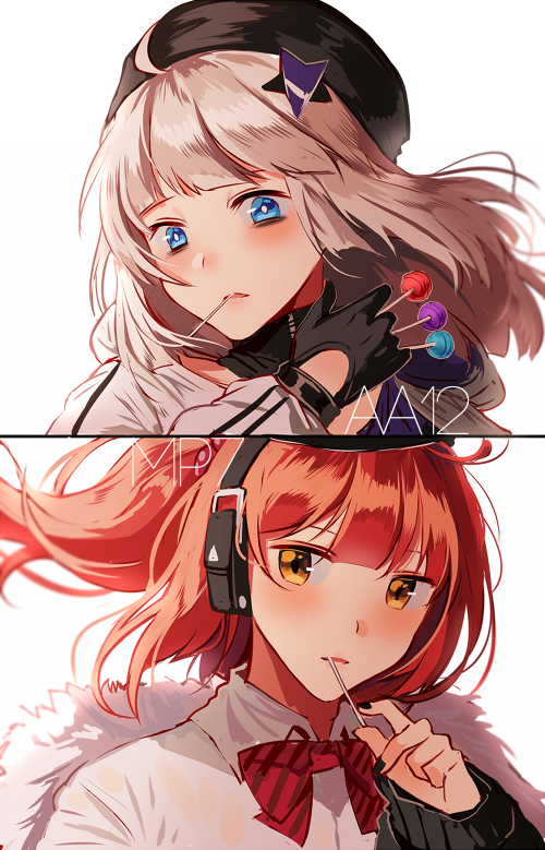 2girls aa-12_(girls'_frontline) bangs beret black_gloves black_headwear black_jacket black_nails blue_eyes blunt_bangs candy character_name commentary eating english_commentary food food_in_mouth fur-trimmed_jacket fur_trim girls_frontline gloves grey_hair hat head_tilt headphones holding holding_candy holding_food holding_lollipop in_mouth jacket lollipop long_hair long_sleeves looking_at_viewer mp7_(girls'_frontline) multiple_girls nail_polish neck_ribbon parted_lips ponytail red_ribbon redhead ribbon shirt sidelocks silence_girl striped striped_jacket striped_ribbon white_jacket white_shirt yellow_eyes