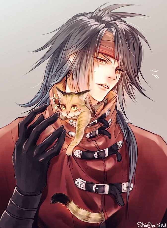 1boy black_hair cat cloak final_fantasy final_fantasy_vii gloves headband leather leather_gloves long_hair looking_down messy_hair red_eyes s_hitorigoto3 sweatdrop torn_clothes vincent_valentine