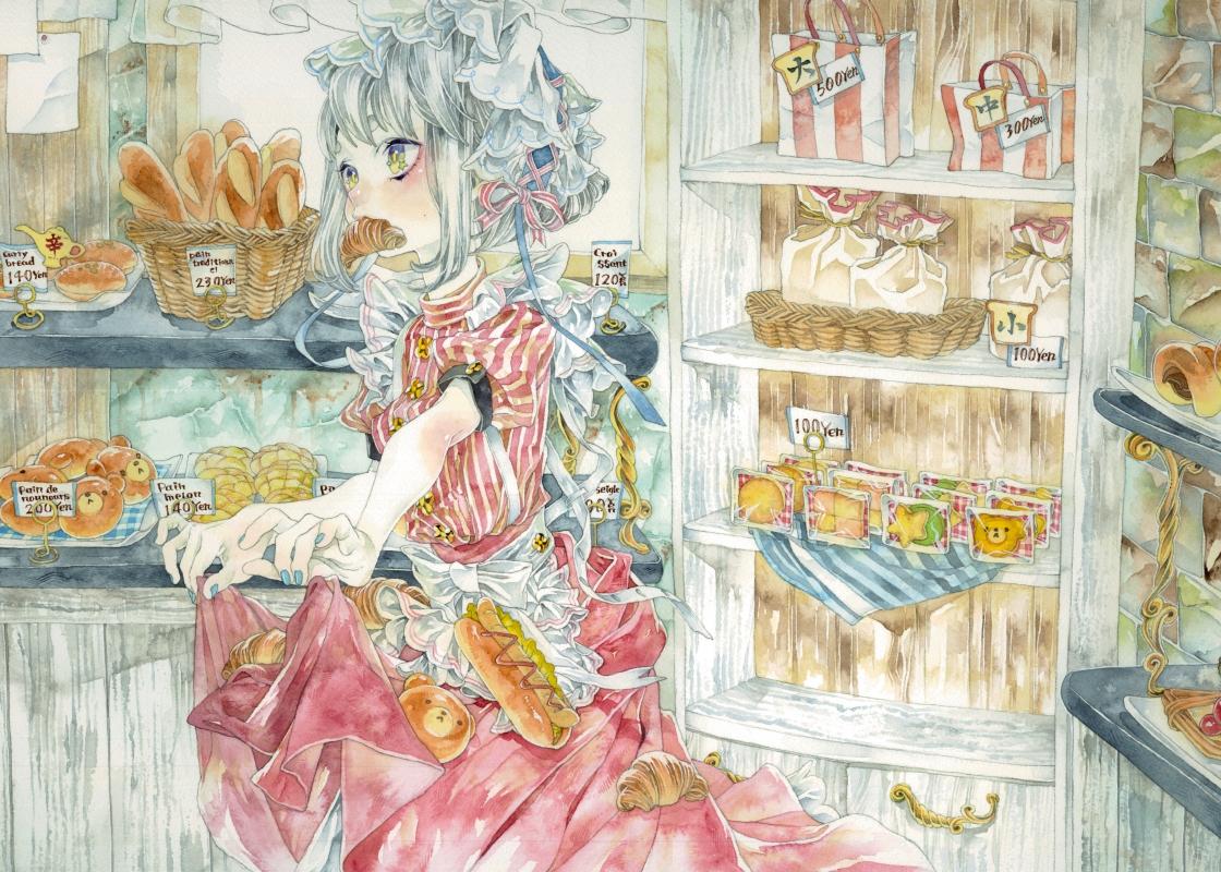 1girl apron basket benko blue_nails bread chocolate_cornet cowboy_shot croissant dress food food_in_mouth frilled_apron frills green_eyes grey_hair hairband headdress hot_dog indoors lolita_fashion melon_bread mouth_hold nail_polish original painting_(medium) pastry puffy_short_sleeves puffy_sleeves red_dress shelf shop short_hair short_sleeves skirt_basket skirt_hold solo striped striped_dress traditional_media vertical_stripes watercolor_(medium) white_apron