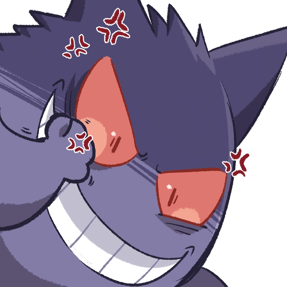 anger_vein angry clenched_teeth colored_sclera commentary_request constricted_pupils gengar grin hanamoru hand_up pokemon pokemon_(creature) purple_theme red_eyes red_sclera shaded_face simple_background smile solo teeth upper_body white_background
