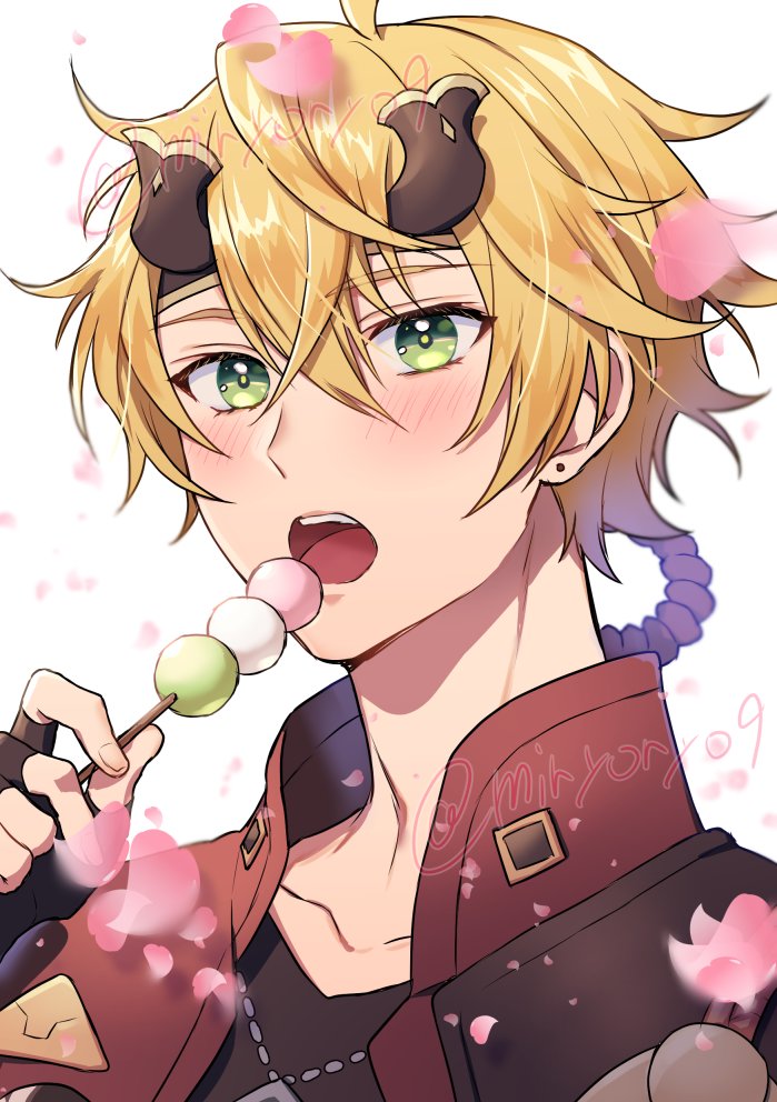 1boy black_gloves blonde_hair dango eating fake_horns fingerless_gloves food genshin_impact gloves green_eyes headband holding horned_headwear horns jacket jewelry male_focus miryoryo9 necklace open_mouth protected_link solo thoma_(genshin_impact) twitter_username wagashi