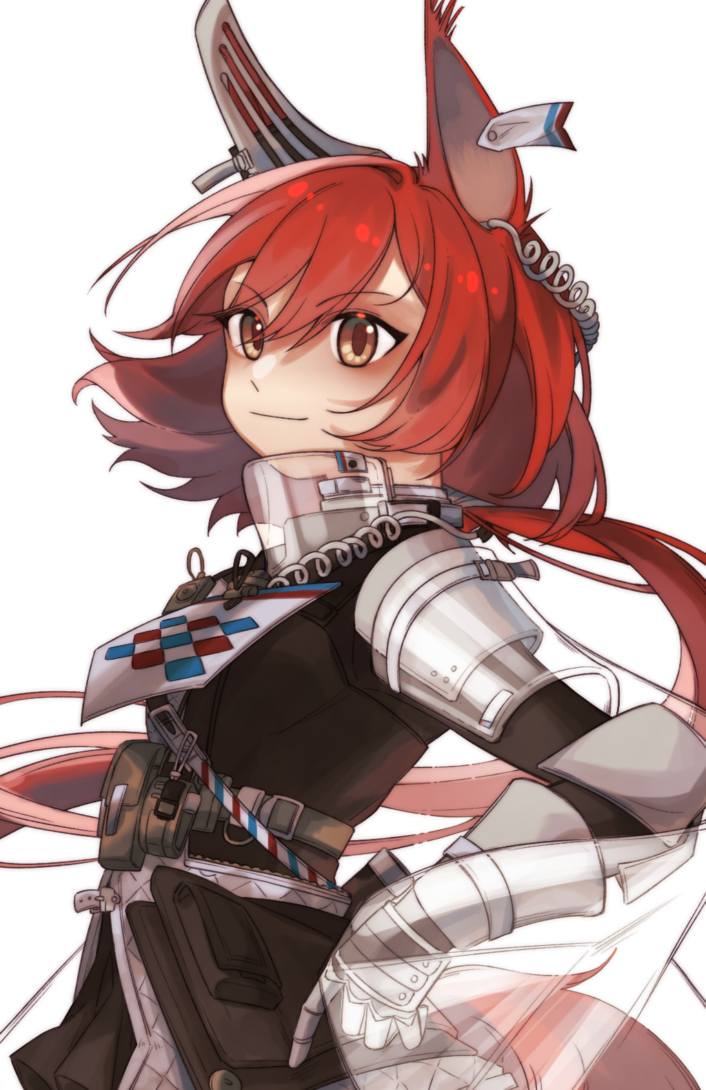 1girl animal_ears arknights armor bangs black_jacket brown_eyes diqihaocangku eyebrows_visible_through_hair flametail_(arknights) hat highres jacket long_hair long_sleeves redhead shoulder_armor simple_background smile solo squirrel_ears tail upper_body vambraces white_background
