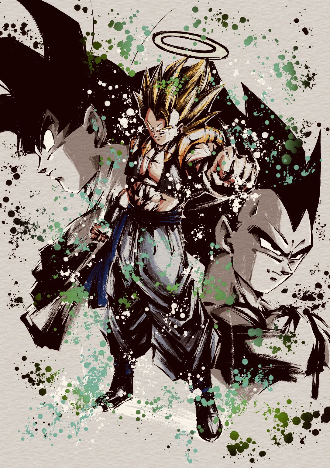 3boys baggy_pants black_vest blonde_hair blue_sash bodysuit boots clenched_hands commentary_request dougi dragon_ball dragon_ball_z full_body gogeta halo highres ink_wash_painting looking_at_viewer metamoran_vest multiple_boys muscular muscular_male outstretched_arm pants sash serious shirt simple_background smirk son_goku spiky_hair spmjg7 standing super_saiyan super_saiyan_1 vambraces vegeta vest