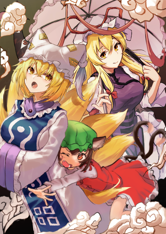 3girls bangs blonde_hair bow brown_eyes brown_hair cat_tail chen closed_mouth dress fang fox_tail green_headwear hair_bow hands_in_opposite_sleeves hat hira-san holding holding_umbrella long_hair long_sleeves looking_at_viewer mob_cap multiple_bows multiple_girls multiple_tails one_eye_closed open_mouth pillow_hat red_dress short_hair smile tabard tail touhou two_tails umbrella white_dress white_headwear white_umbrella yakumo_ran yakumo_yukari yellow_eyes